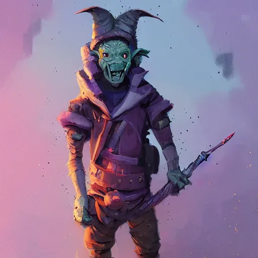 Image similar to male goblin youth adventurer with purple skin, by Ismail Inceoglu, wearing leather adventuring clothes, shabby, short, kid, bald, wielding knife, happy grin, character portrait closeup, digital art, dungeons and dragon, character