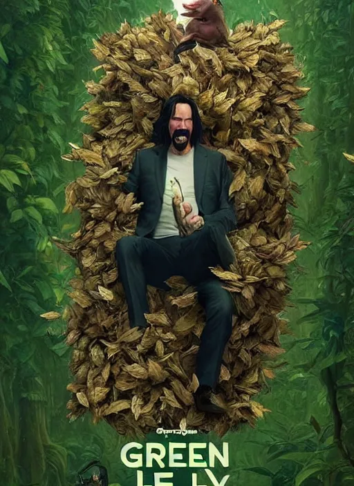 Prompt: highly detailed comedy caper movie poster with silly wacky zany keanu reeves as a sentient pile of leaves, keanu reeves green face as tree sentient leafy bush by greg rutkowski, masterpiece, really funny, 1 0 / 1 0 comedy