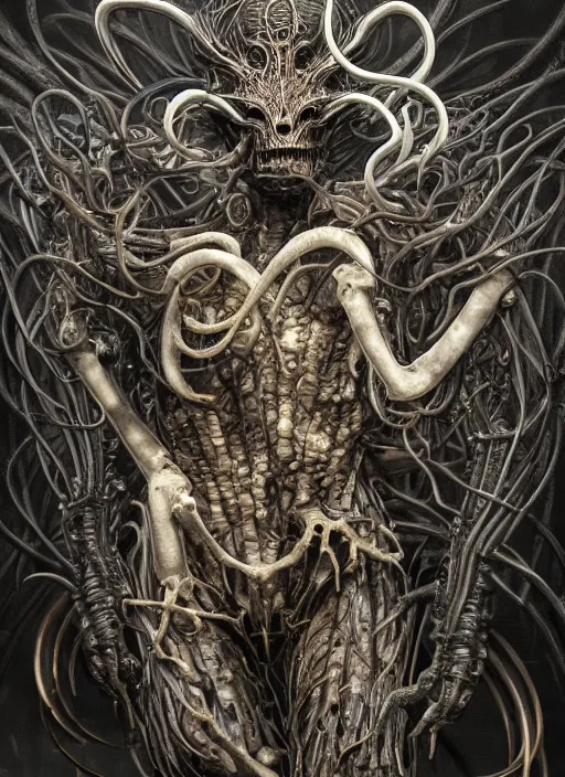 Image similar to photorealistic carbon steel hell demon beast in a mess of bones, black tentacles with fangs, carbon fiber, obsidian, biomechanical, synthetic muscles, gathering her power in a blackened cave, sorayama, mucha, moebius, black paper, octane render, zbrush, trending on artstation, beksinski, hellscape peter mohrbacher