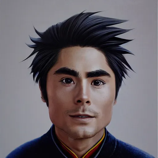 Image similar to portrait painting of a 9 0 year old kind handsome taoist priest, big eyes, deep silhouette ， looks like zac efron ， silver ponytail hair, amiable by yangjun chen ，, nadar, bright colors, octopath traveler, unreal engine 5 highly rendered, global illumination, radiant light, detailed and intricate environment