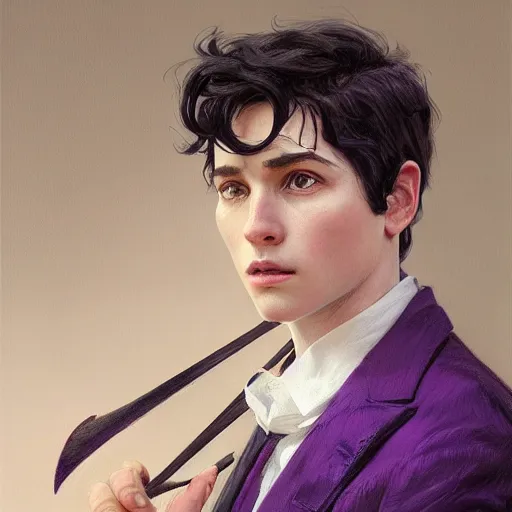 Image similar to portrait of a boy with goat horn, medium black hair, purple eyes, conductor, black suit, fantasy, intricate, elegant, highly detailed, digital painting, artstation, concept art, smooth, sharp focus, illustration, art by artgerm and greg rutkowski and alphonse mucha