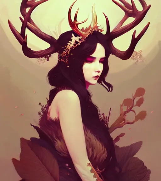 Image similar to portrait of a beautiful queen of the forest with antlers in complex and shiny dress made by leaf and flower, by ross tran and atey ghailan, by greg rutkowski, by greg tocchini, by james gilleard, by joe fenton, by kaethe butcher, dynamic lighting, grunge aesthetic