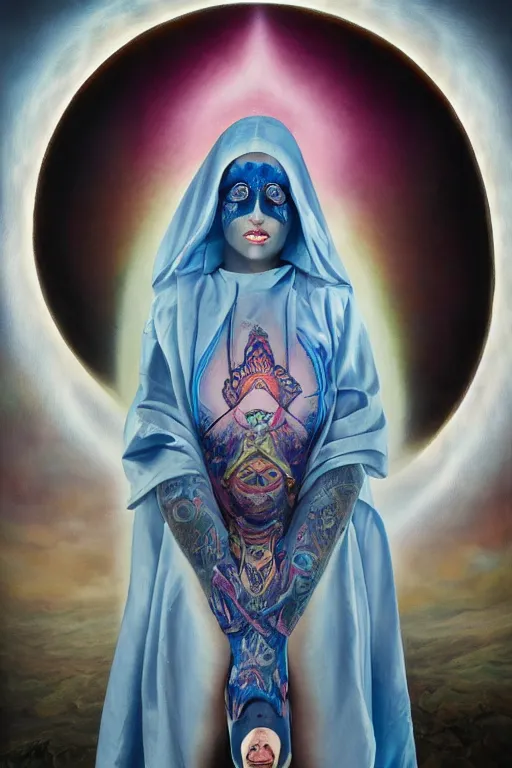 Image similar to transcendental meditation robed cult woman, tattoos, opening third eye, chakra energy waves resonating from her body, ethereal aura, epic surrealism 8k oil painting, portrait, perspective, high definition, post modernist layering, by Peter Kemp