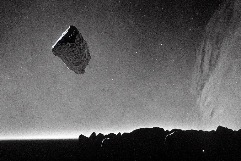 Prompt: a photo of a cliff on the surface of an asteroid, careening through the cosmos, black and white, spielberg, 3 5 mm film, cinematic 4 k