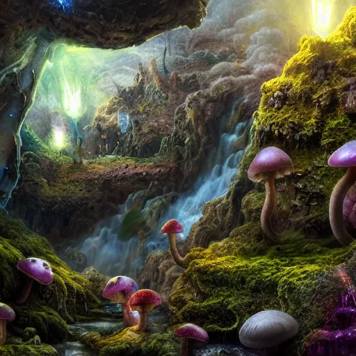 Image similar to tom bagshaw, mythical gigantic space cavern, soft painting 3 d render curiosities carnival pond vegetation rocks mushrooms and tentacles covered moss, luminescent wisps, stunning waterfall, accurate features, focus, very intricate ultrafine details, random volumetric lighting, fog, award winning masterpiece, octane render 8 k hd, artstation