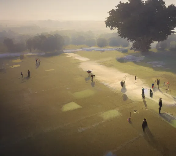 Image similar to photo from a drone, people near the plane at the airfield, painting by craig mullins, octane rendering, soft morning lighting, wide angle lens, in the style of hayao miyazaki, trending on artstation,