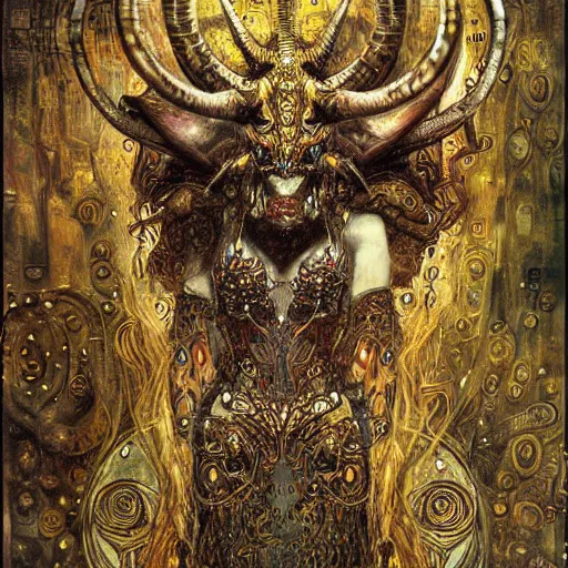 Image similar to horned cybernetic demon, circuitry, intricate detail, klimt, royo,