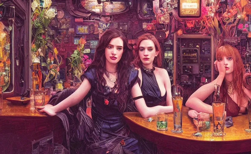 Prompt: sophisticated portrait of anne kendricks emma roberts kat dennings, 1 9 9 0 s flower power hippy, very smoky cyberpunk paris bar, elegance, highly detailed, shallow depth of field, artstation, artgerm, moebius, dark cyberpunk neon atmosphere, donato giancola and joseph christian leyendecker