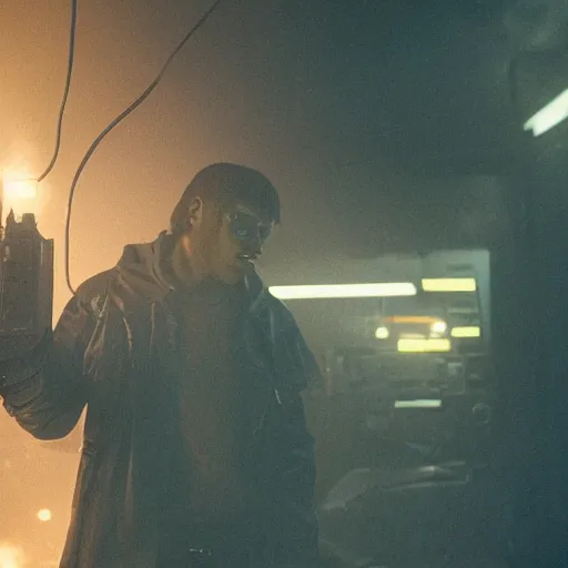 Prompt: augmented human repairing commodore 6 4, dark messy smoke - filled cluttered workshop, dark, dramatic lighting, orange tint, cinematic, highly detailed, sci - fi, futuristic, movie still from blade runner