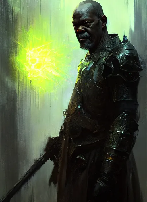 Prompt: portrait of samuel l jackson as mage wearing arcane light armor, fantasy, cinematic lighting, by jeremy mann