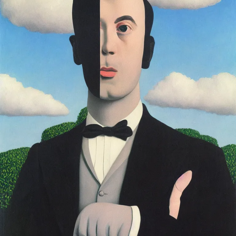 Image similar to portrait of a faceless detailed reflective chrome - head man in a suit and black gloves, clouds and nature landscape in the background, by rene magritte, very highly detailed painting, distance, centered, hd, hq, high resolution, high detail, beautiful, 4 k, 8 k