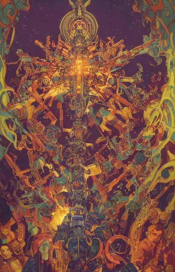 Image similar to beautifully colored detailed religious painting of occultist scientists summoning extradimensional gundam, occult giant robot power armor etched with glowing magical runes by m. c. escher, beeple, greg rutkowski and alphonse mucha. 8 k hd resolution, chihuly