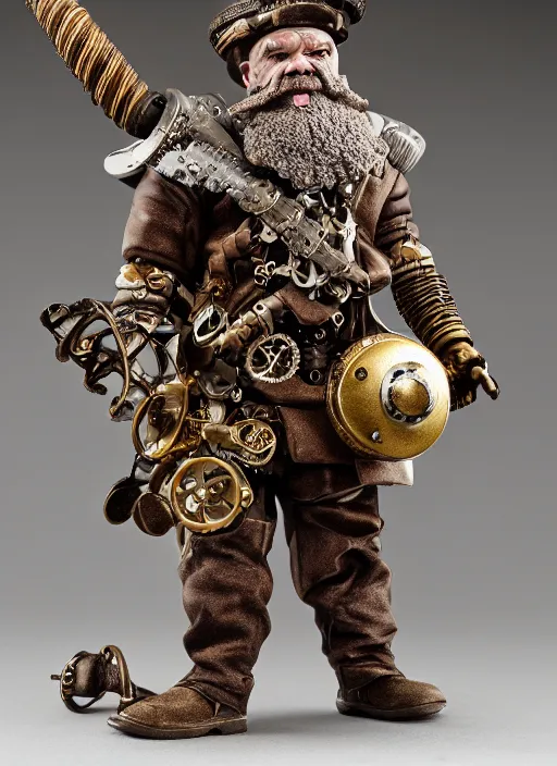 Prompt: 8 5 mm f 1. 8 photograph of a claymation steampunk warrior dwarf, highly detailed diorama, by erwin olaf, smooth, sharp foccus, commercial photography, fashion shoot