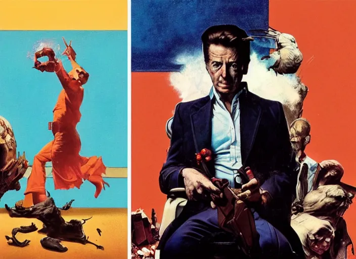 Image similar to a still from the movie avengers : endgame of francis bacon and norman rockwell and james jean, a still from the movie the godfather, and mark brooks, triadic color scheme, by greg rutkowski, syd mead and edward hopper and norman rockwell and beksinski, dark surrealism, orange and turquoise