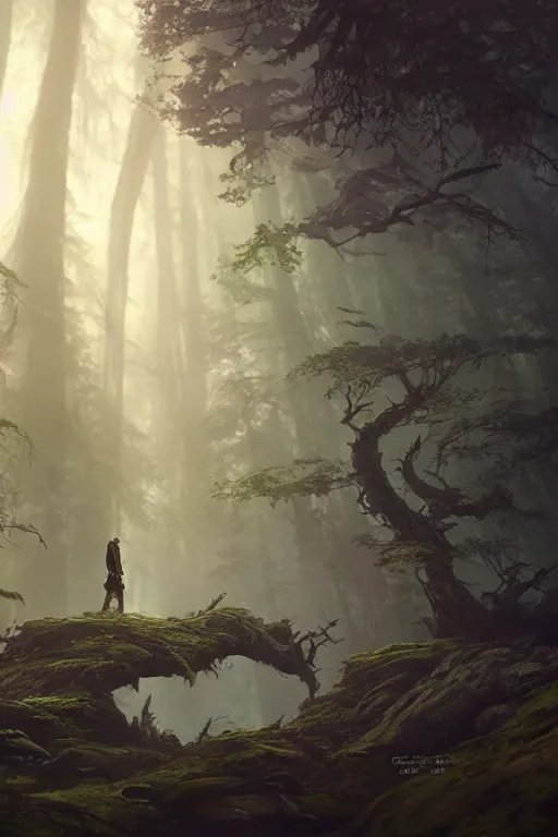 Image similar to A small character standing before a giant creature in a beautiful forest by Greg Rutkowski, Sung Choi, Mitchell Mohrhauser, Maciej Kuciara, Johnson Ting, Maxim Verehin, Peter Konig, final fantasy , 8k photorealistic, cinematic lighting, HD, high details, atmospheric,