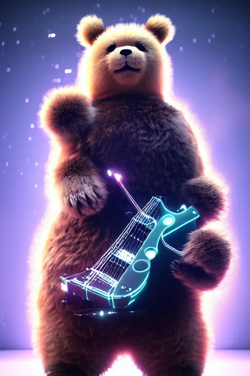 Prompt: high quality 3 d render very cute fluffy cyborg!! bear! plays double bass guitar, cyberpunk highly detailed, unreal engine cinematic smooth, in the style of blade runner & detective pikachu, hannah yata charlie immer, moody light, low angle, uhd 8 k, sharp focus