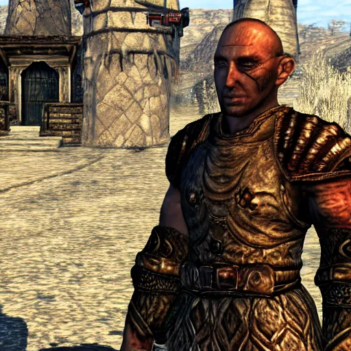 Image similar to attacking screenshot of george st. pierre in morrowind, imperial armor, pc graphics, npc talking, wilderness, 7 2 0 p, elder scrolls iii, detailed, dialog text