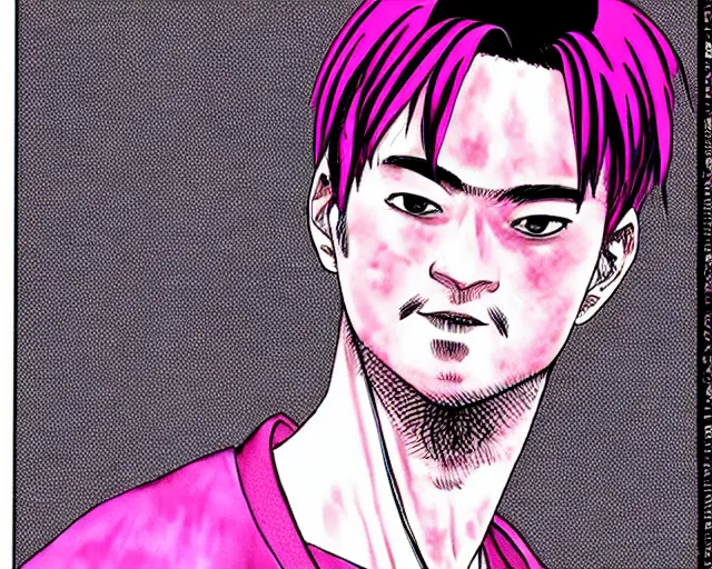 Image similar to Joji as Pink Guy, drawn by Takehiko Inoue, manga, high detail