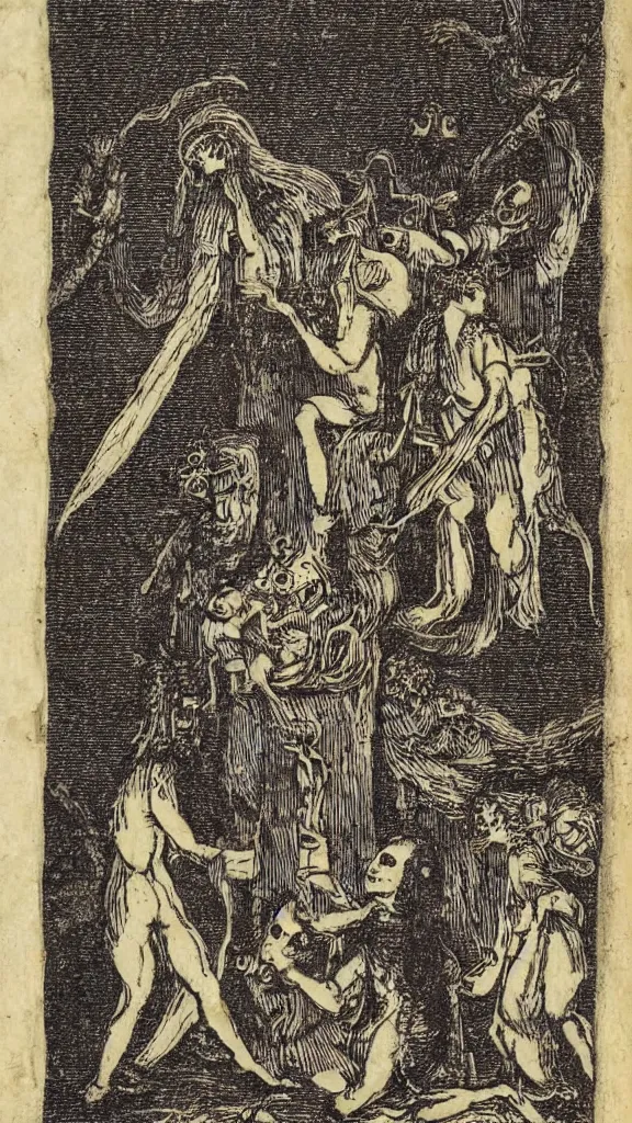 Prompt: revenants, spirits and pagan apparitions, grimoire, italian woodblock print from 1 7 5 5