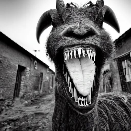 Prompt: horror, highly detailed photography, desaturated, mutated goat with huge mouth open to reveal filthy crocodile - like teeth, matted fur, in muddy medieval village, howling, screeching