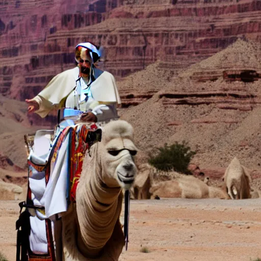 Prompt: A photo of the Pope riding a camel at the grand canyon 85mm lens, f1.8.