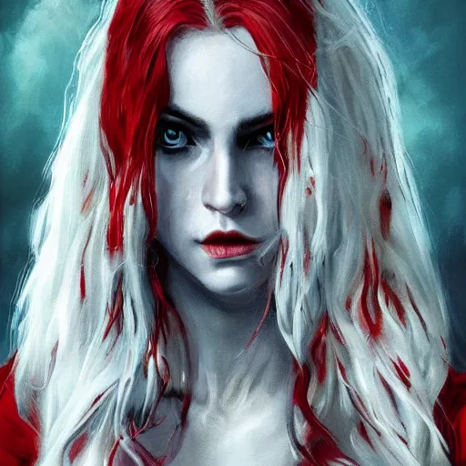 Prompt: stunning comic book style portrait painting of Long White Haired beautiful woman wearing red dress holding black blade, red eyes, in the style of WLOP, 8k masterpiece, cinematic lighting, pristine clean design, high fantasy, insanely detailed, atmospheric,