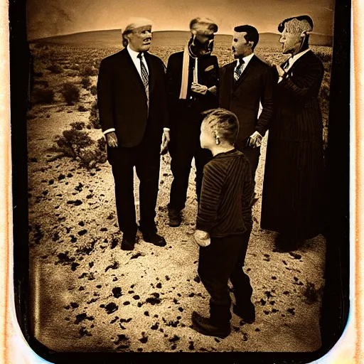 Image similar to tintype photograph, lovecraftian aliens talking with the president of the united states, desert location, highly detailed, 8 k, trending on artstation