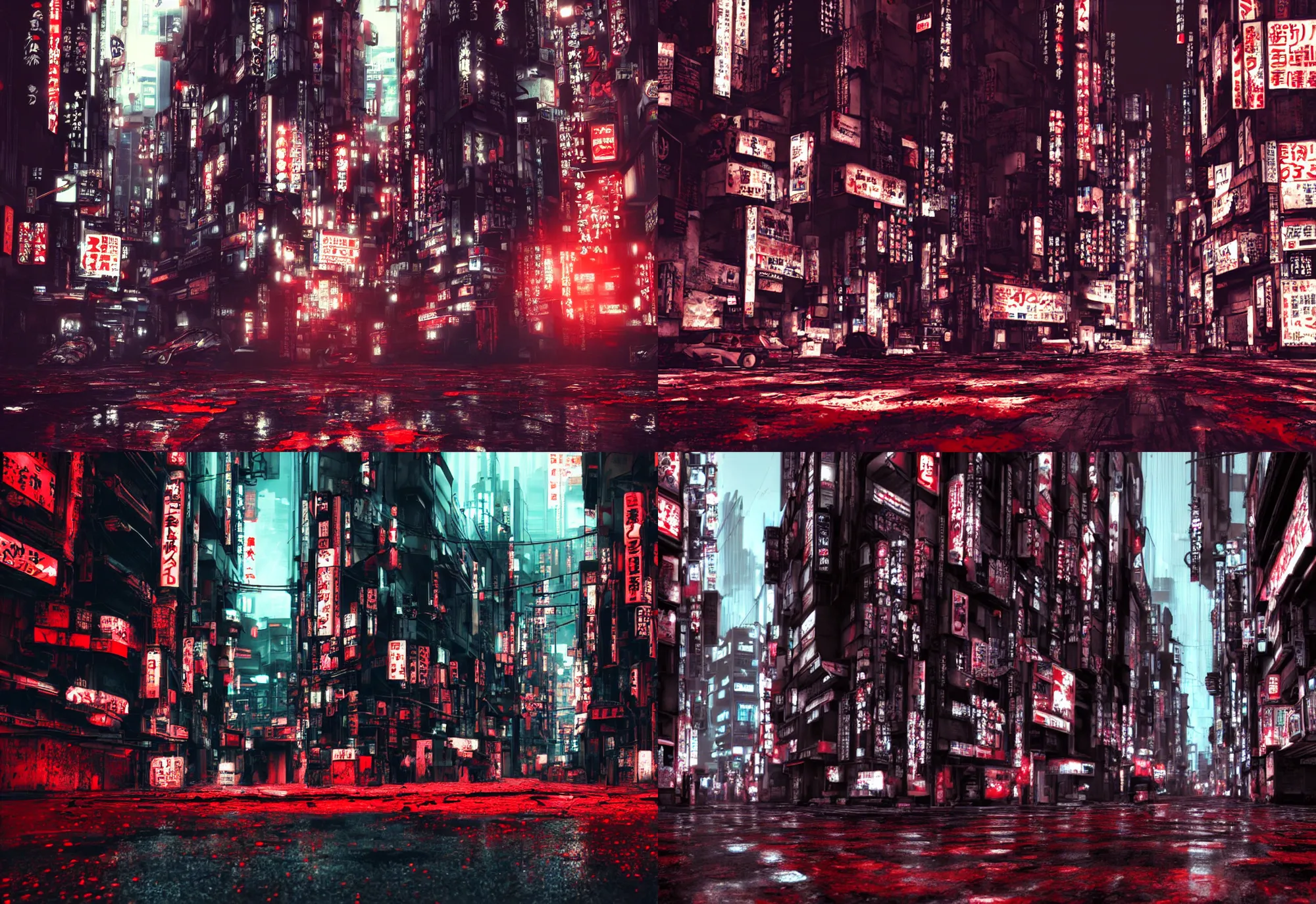 Prompt: tokyo city streets in blood looks like cyberpunk city, cyberpunk style, trending on artstation, cinematic, realistic, realistic buildings, golden ratio, awesome greate composition, the best composition, color balance harmony, physical correct light shadows, awesome exposition, very realistic, ike in real life, max payne in blood