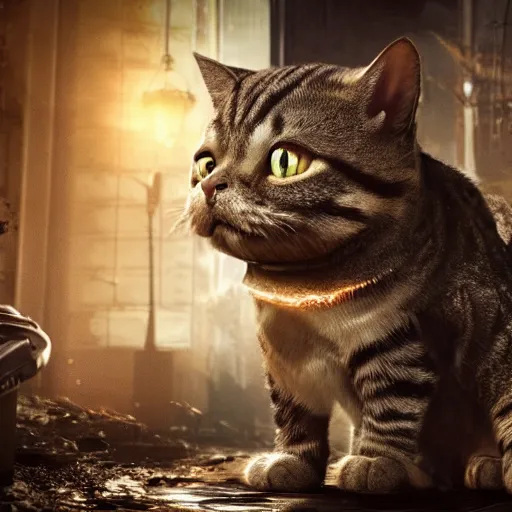 Image similar to lil bub the cat in gears of war, splash art, movie still, cinematic lighting, dramatic, octane render, long lens, shallow depth of field, bokeh, anamorphic lens flare, 8 k, hyper detailed, 3 5 mm film grain