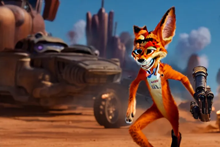 Image similar to nick wilde ( from zootopia ), heavily armed and armored facing down armageddon in a dark and gritty reboot from the makers of mad max : fury road