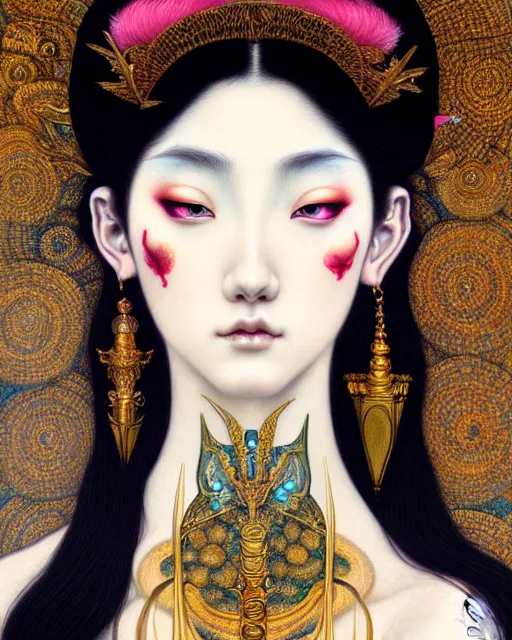 Prompt: portrait of a beautiful goddess, unusual beauty, esoteric, muted colors, head in focus, fantasy art, ornamental aesthetics, intricate, elegant, highly detailed, hyperrealistic painting, artstation, concept art, painterly, sharp focus, illustration, art by chie yoshii