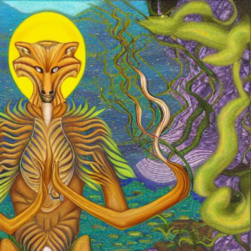 Image similar to an anthromorphic wolf man meditating in a zen garden with a waterfall, by amanda sage in a psychedelic style, oil on canvas