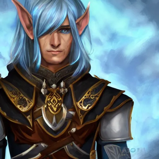 Image similar to Concept art of male high elf with light blue hair, black leather armor, golden eagle skull on chest, by Naranbaatar Ganbold, trending on artstation