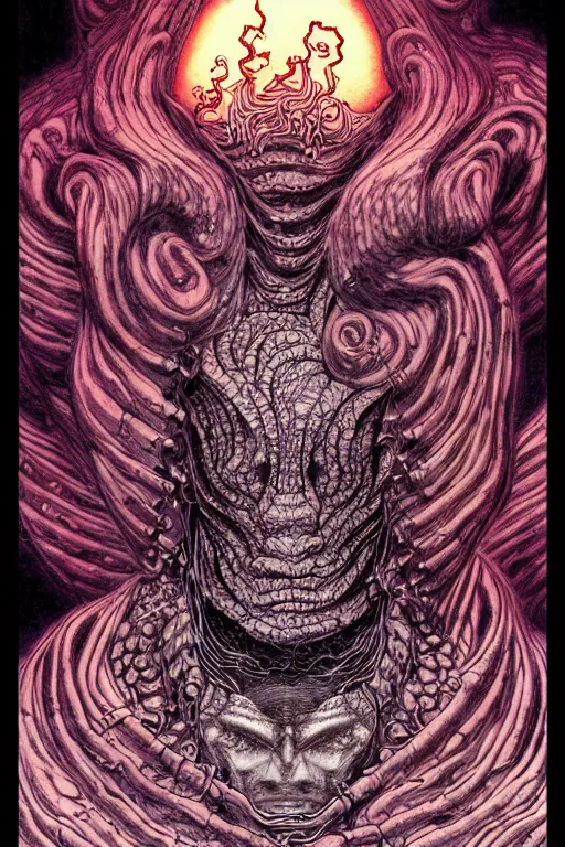 Image similar to illustration of old wrinkly demon that causes earthquakes, rock themed, intricate linework, in the style of moebius, ayami kojima, 1 9 9 0's anime, retro fantasy