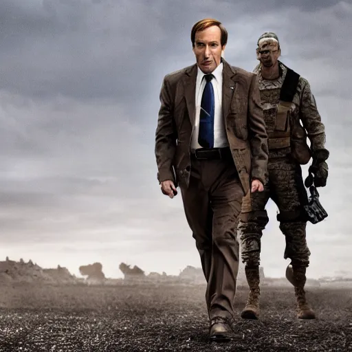 Prompt: Movie still of Saul Goodman wearing modern modern modern heavy military gear, highly detailed, 4k