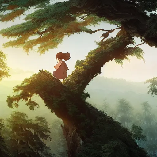 Prompt: ghost spirit, forest, standing on a tree top, 4 k, artgerm, high detail, dramatic lighting, sunset, hayao miyazaki, masashi ando, nizou yamamoto, kazuo oga, joe hisaishi, yoji takeshige, naoya tanaka