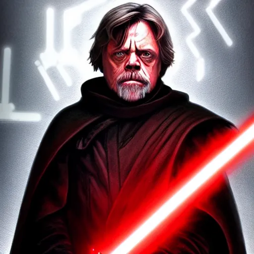Prompt: Mark Hamill as Sith Lord with red light saber and in power armor, western, D&D, fantasy, intricate, elegant, highly detailed, digital painting, artstation, concept art, matte, sharp focus, illustration, art by Artgerm and Greg Rutkowski and Alphonse Mucha