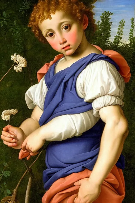 Image similar to renaissance painting of young boy in the garden, closeup, short hair, interest face, emotions closeup, dressed in roman armour, the beautiful garden with birch leaves everywhere, ultra detailed, art by Guido Reni style, Vincenzo Catena style