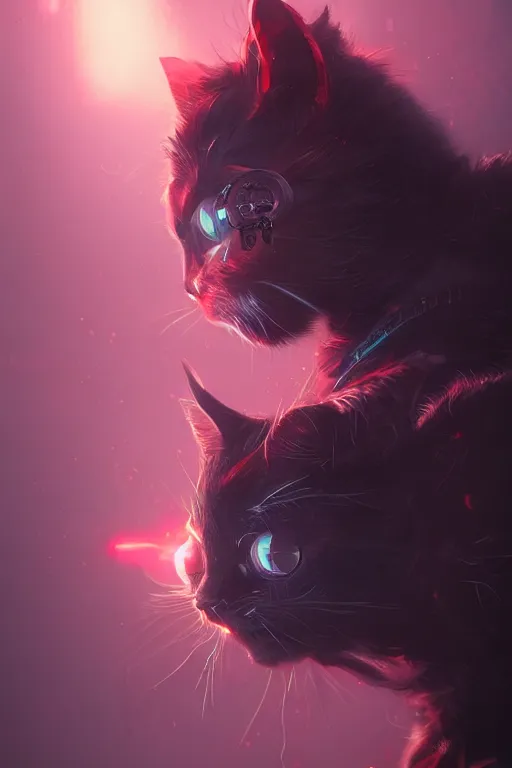 Prompt: A a very cute cyberpunk cat character, red hair, metal parts, glowing eyes, profile picture by Greg Rutkowski, Matte Painting, trending on the artstation