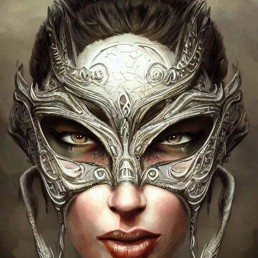 Prompt: Very very very very highly detailed epic photo of beautiful face with carnival mask, intricate, dystopian, sci-fi, extremely detailed, digital painting, artstation, concept art, smooth, sharp focus, illustration, intimidating lighting, incredible art by Anton Pieck