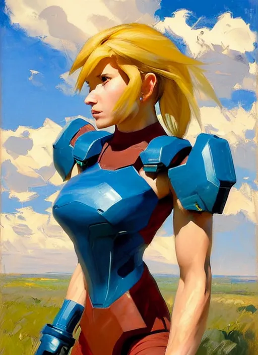 Prompt: Greg Manchess painting of Samus from Metroid Prime, countryside, calm, fantasy character portrait, dynamic pose, above view, sunny day, thunder clouds in the sky, artwork by Jeremy Lipkin and Giuseppe Dangelico Pino and Michael Garmash and Rob Rey, very coherent asymmetrical artwork, sharp edges, perfect face, simple form, 100mm