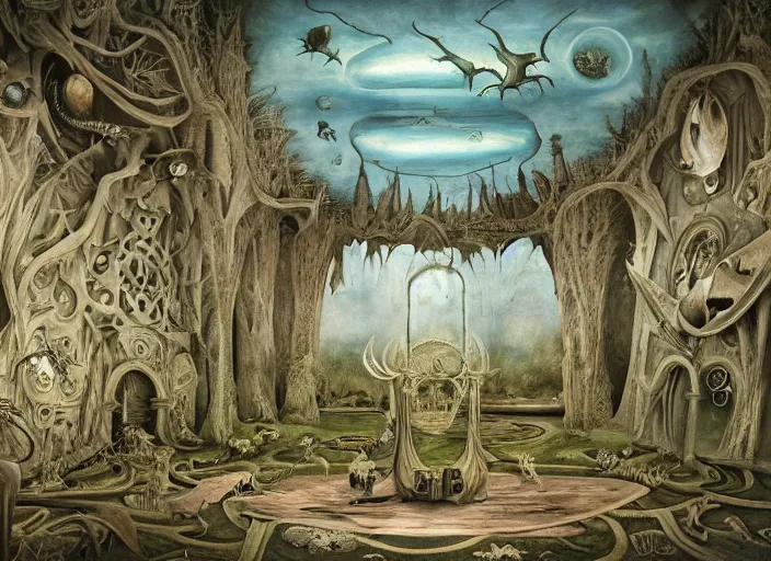 Image similar to matte painting in the style of hieronymus bosch, leonora carrington and james gurney : : intricate detailed study of a wild, psychedelic nightmare full of imaginary creatures : : interior view of a complex modern building : : ultra - detailed technical precision : : high definition 3 d render, unreal engine, 4 k, hi - res textures