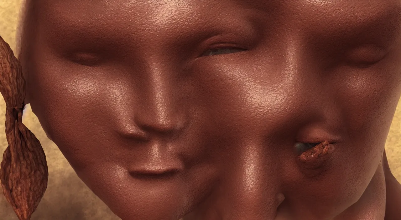 Image similar to Cocoa Bean with human face, trending on artstation, cgsociety, high detail