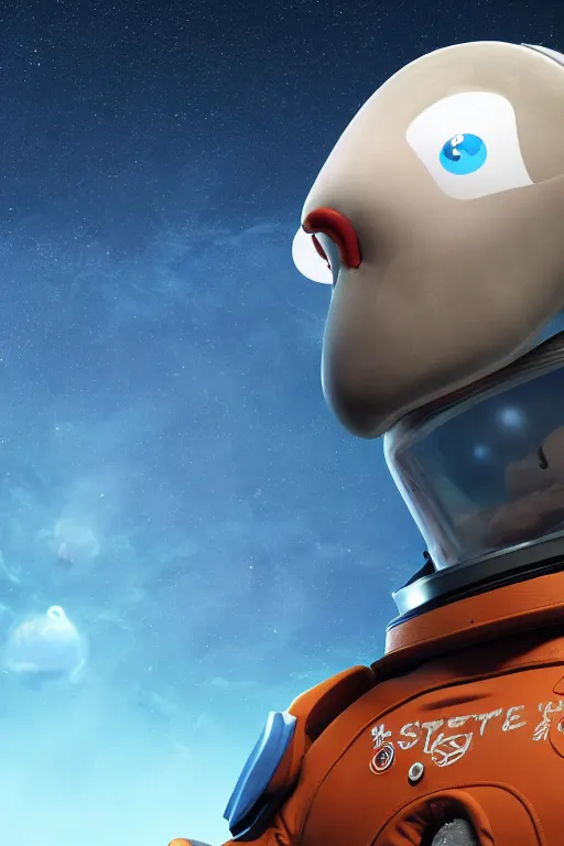 Image similar to a lonely chicken wearing a space suit without helmet in a alien planet, profile picture, digital art, concept art, trending on DeviantArt, highly detailed, high quality, 4K, cartoon, high coherence, path traced, blue sky in the background, octane render, digital painting, no helmet, masterpiece, anatomically correct