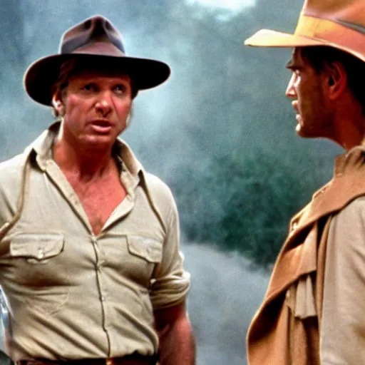 Image similar to film still of Roger Daltry talking with Indiana Jones.