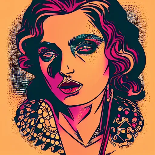 Prompt: a portrait of tattooed the beautiful greek goddess, in retro colors, synthwave style, 2 d digital vector art