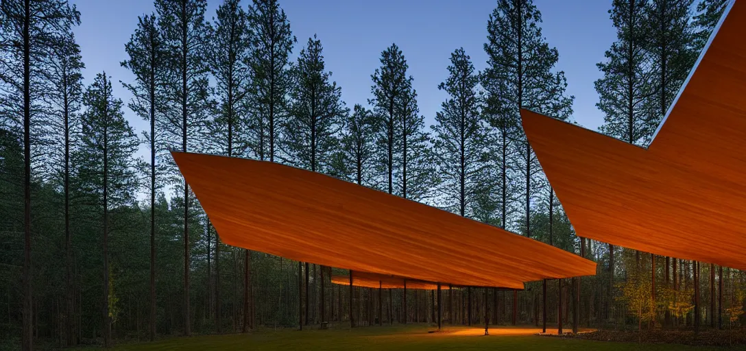 Image similar to faceted roof planes lift and descend creating shade and architectural expression, highly detailed, situated in the forest, next to a highly reflective lake, at dusk, vivid color