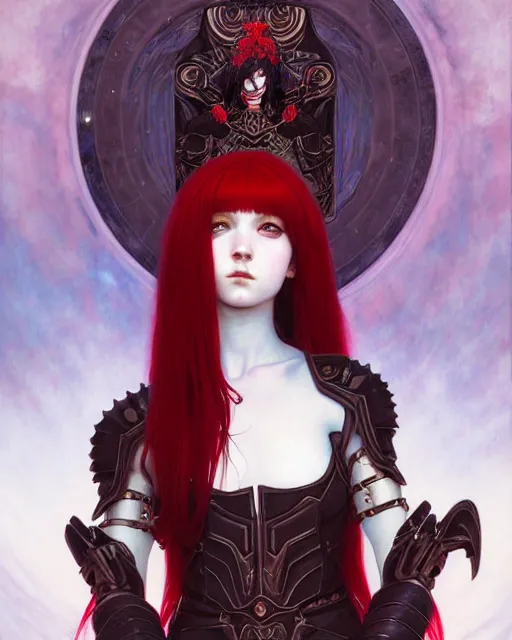 Prompt: portrait of beautiful cute young goth maiden girl with red hair in warhammer armor, art by ( ( ( kuvshinov ilya ) ) ) and wayne barlowe and gustav klimt and artgerm and wlop and william - adolphe bouguereau