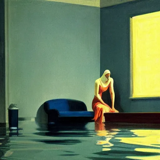 Prompt: A ghost in a living room flooded by water by Edward hopper
