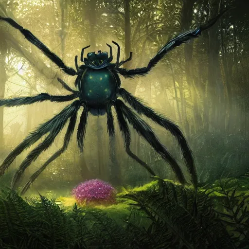 Image similar to an ugly giant spider, beautiful, realistic, atmosphere, vibe, forest, lot of trees, fern, flowers, concept art illustration, color page, tone mapping, akihiko yoshida, james jean, andrei riabovitchev, marc simonetti, digital illustration, greg rutowski, volumetric lighting, sunbeams, particles